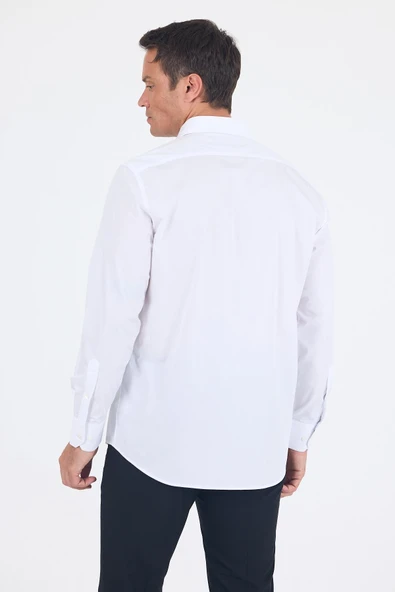 Beyaz Sert Yaka Uzun Kol Cepli Comfort Fit %100 Pamuk Gömlek 1004250222 - 5