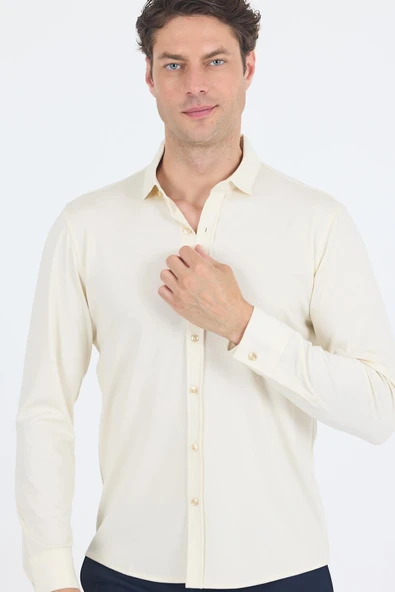 Açık Krem Uzun Kol Düz Örme Polo Yaka Cepsiz Esnek Classic Slim Fit Gömlek 1004250153_650 - 3