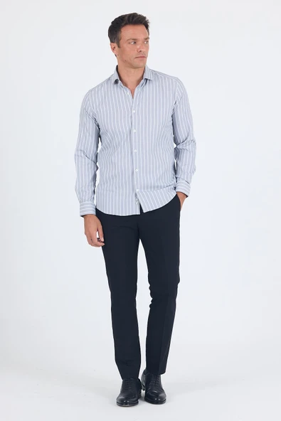 Koyu Lacivert Uzun Kol Yarım İtalyan Yaka Cepsiz Easy To Iron Slim Fit Esnek Gömlek 1004250227 - Resim 2