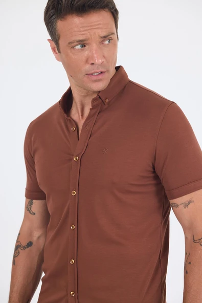 Kiremit italyan Düğmeli Yaka Kısa Kol Cepsiz Slim Fit Gömlek 1004250255 - Resim 4