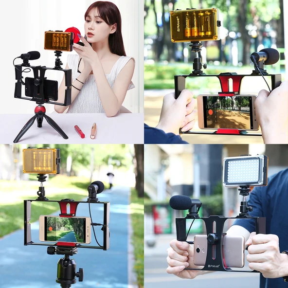 PULUZ 2'si 1 Arada Canlı Yayın Akıllı Telefon Video Rig ve Mikrofon Kiti Kırmızı - 10
