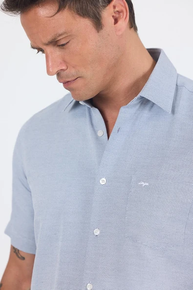 Koyu Lacivert Sert  Yaka Kısa Kol Cepli  Comfort Fit Cls Gömlek 1004250264 - Resim 4