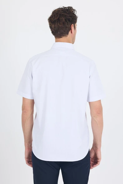 Beyaz-Mavi Sert  Yaka Kısa Kol Cepli  Comfort Fit Cls Gömlek 1004250262 - Resim 5