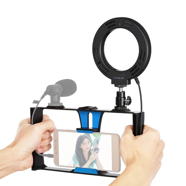 PULUZ 2'si 1 Arada Vlogging Canlı Yayın Akıllı Telefon Video Rig ve 12cm 4.7 inç Mavi Halka LED Selfie Işığı Kiti Soğuk Ayak Tripod Başlığı ile