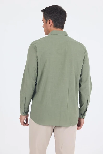 Koyu Haki Uzun Kol Düz Armür Oval Yaka Casual Comfort Fit Gömlek 1004250249 - Resim 5