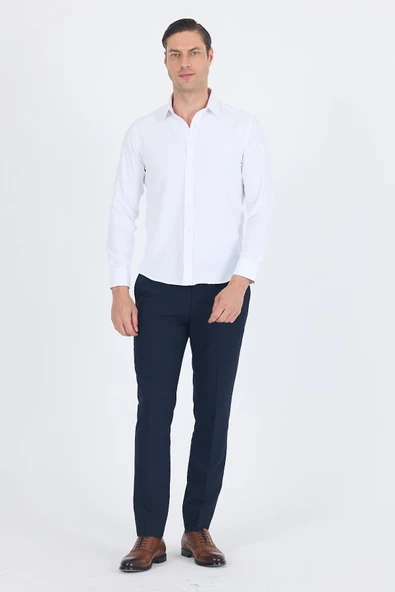 Beyaz Sert Yaka Düz Classic Pamuklu Slim Fit Gömlek 1004250214 - Resim 2