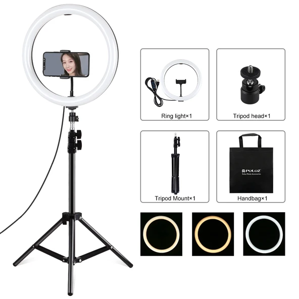 PULUZ 11.8 inç 30cm LED Halka Işık ve 1.1m Tripod Montajlı Vlogging Video Işığı Siyah