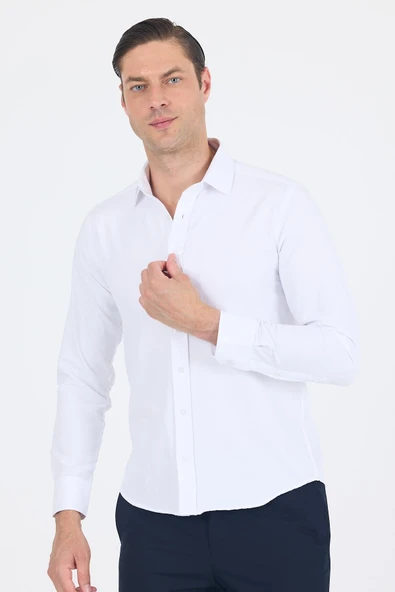Beyaz Sert Yaka Düz Classic Pamuklu Slim Fit Gömlek 1004250214 ürün görseli 1