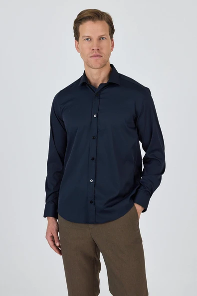 Siyah Yarım İtalyan Yaka Cepsiz Gabardin Uzun Kol Slim Fit Esnek Gömlek 1004250235 - Resim 3