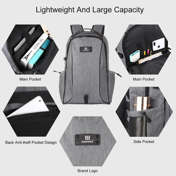 HAWEEL Gri Outdoor Taşınabilir Kanvas Çift Omuzlu Laptop Sırt Çantası 15.6 Inç - 6