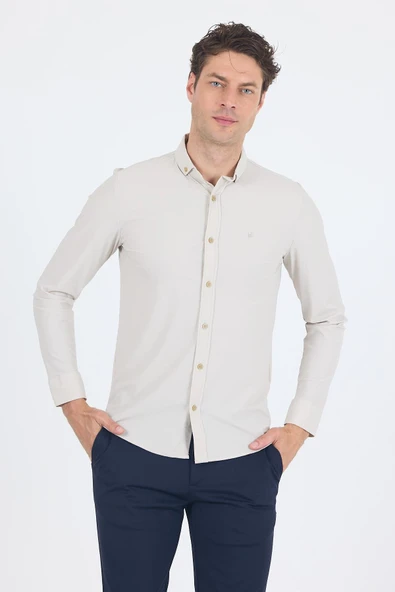 Taş Rengi Smart Düğmeli Yaka Uzun Kol Cepsiz Slim Fit Esnek Gömlek Gömlek 1004250252 - 3