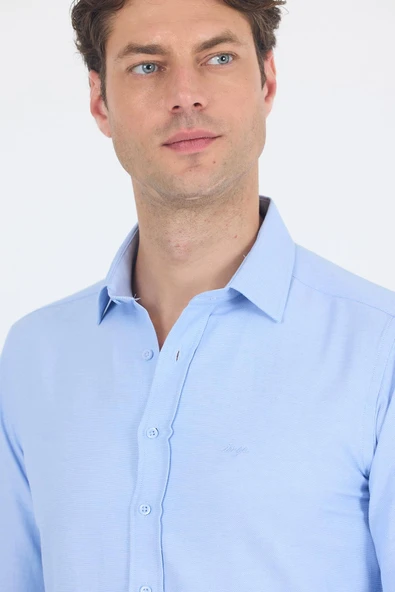 Mavi Sert Yaka Düz Classic Pamuklu Slim Fit Gömlek 1004250214 - Resim 4
