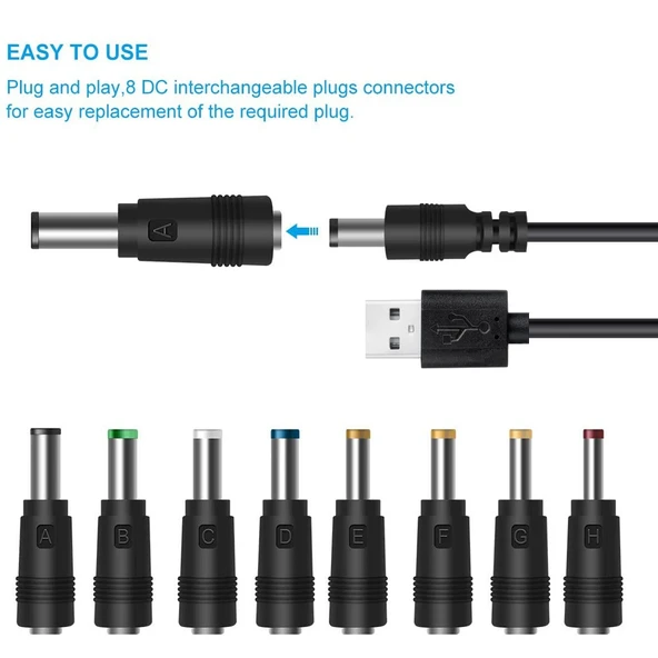 8in1 DC Güç Kablosu USB Çok Fonksiyonlu Değiştirilebilir Fiş Siyah - 3