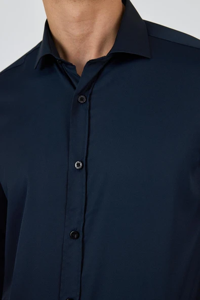 Siyah Yarım İtalyan Yaka Cepsiz Gabardin Uzun Kol Slim Fit Esnek Gömlek 1004250235 - Resim 4