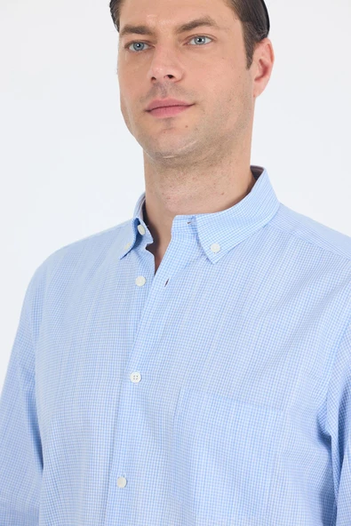 Koyu Mavi Uzun Kol Smart Düğmeli Yaka Cepli  Comfort Fit %100 Pamuk Gömlek 1004250236 - Resim 4