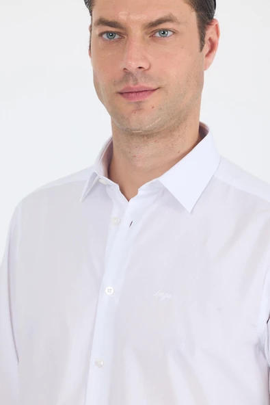 Beyaz Klasik Yaka Uzun Kol Cepsiz Comfort Fit Classic Pamuklu Gömlek Gömlek 1004250287 - Resim 4