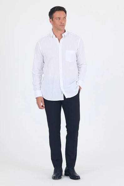 Beyaz Uzun Kol Düz Armür Oval Yaka Casual Comfort Fit Gömlek 1004250249 - Resim 2