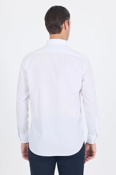 Beyaz Klasik Yaka Uzun Kol Cepsiz Comfort Fit Classic Pamuklu Gömlek Gömlek 1004250287 - Resim 5