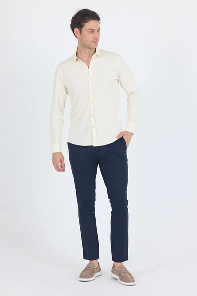 Açık Krem Uzun Kol Düz Örme Polo Yaka Cepsiz Esnek Classic Slim Fit Gömlek 1004250153_650 - 2