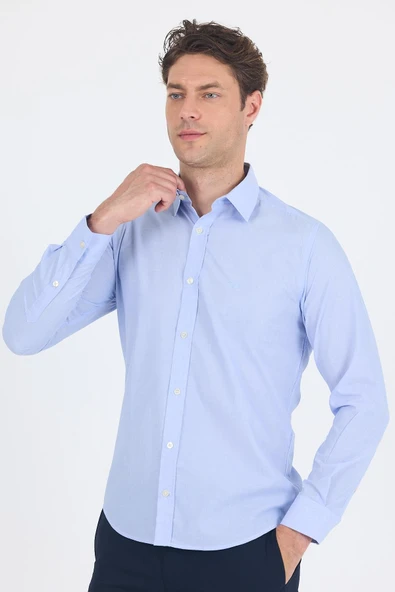 Mavi Uzun Kol Filafil Desen Filafil Sert Yaka Cepsiz Pamuklu Basic Slim Fit Gömlek 1004250008_304 - Resim 3