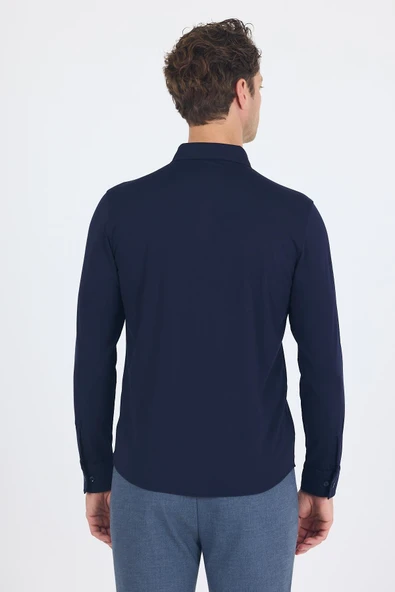 Koyu Lacivert Uzun Kol Düz Örme Polo Yaka Cepsiz Esnek Classic Slim Fit Gömlek 1004250153_200 - Resim 5