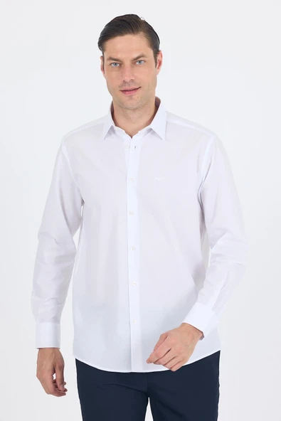 Beyaz Klasik Yaka Uzun Kol Cepsiz Comfort Fit Classic Pamuklu Gömlek Gömlek 1004250287 - Resim 3