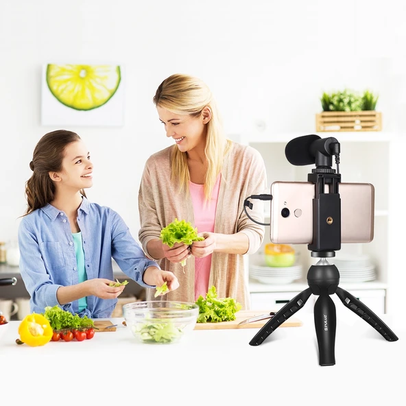 PULUZ Canlı Yayın Akıllı Telefon Video Vlogger Seti Mikrofon Tripod ve Telefon Tutucu Siyah - 5