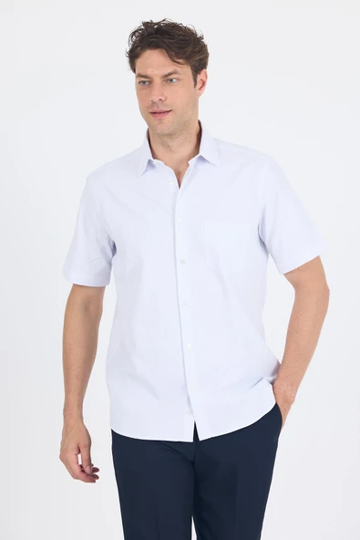 Beyaz-Mavi Sert  Yaka Kısa Kol Cepli  Comfort Fit Cls Gömlek 1004250262 - Resim 3