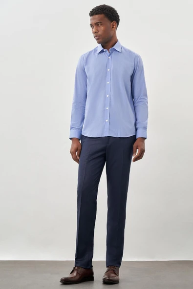 Mavi Uzun Kol Filafil Desen Filafil Sert Yaka Cepsiz Pamuklu Basic Slim Fit Gömlek 1004250008_302 - 2