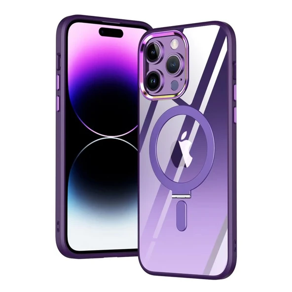 İPhone 13 Pro Uyumlu Mor Magne Standlı Kapak - Resim 2