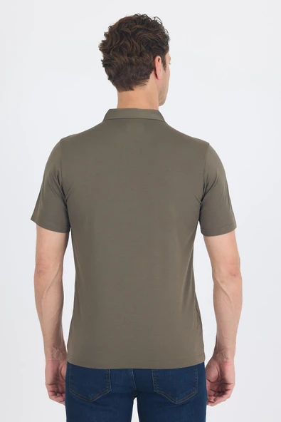 Koyu Haki Kısa Kol Düz Suprem Polo Yaka Cepsiz Esnek Casual Slim Fit Tişört 1011250161_720 - Resim 5