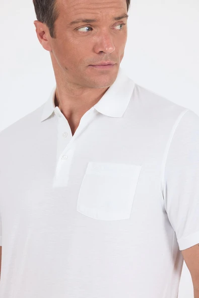 Beyaz Kısa Kol Polo Yaka Cepli Classic Standart Beden Tişört 1011250173 - Resim 4