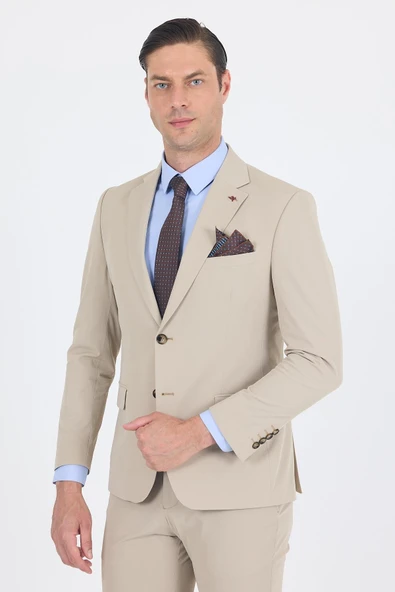 Bej Mono Yaka Yarım Astar 6 Drop Slim Fit   Beli Lastikli Takım Elbise 1001250121 ürün görseli