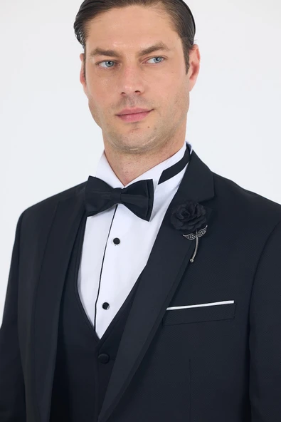 Siyah Mono Yaka Tek Düğme Slim Fit Yelekli Ceremony Takım Elbise 1001250201 - Resim 4