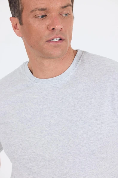 Gri Kısa Kol Düz Suprem Bisiklet Yaka Slim Fit Tişört 1011250190 - Resim 4