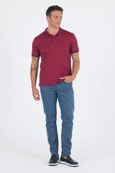 Kısa Kol Düz Suprem Polo Yaka Cepli %100 Pamuk Comfort Fit Tişört 1011250189 - Resim 2