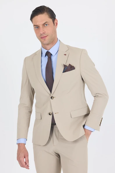 Bej Mono Yaka Yarım Astar 6 Drop Slim Fit   Beli Lastikli Takım Elbise 1001250121 - Resim 3