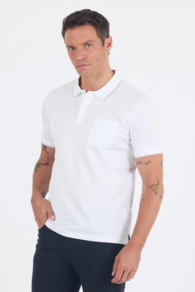 Kısa Kol Düz Suprem Polo Yaka Cepli %100 Pamuk Comfort Fit Tişört 1011250189 - Resim 3