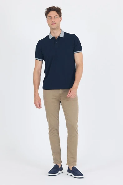 Koyu Lacivert Polo Yaka Kısa Kol Cepsiz Slim Fit :%100 Pamuk Tişört 1011250182 - Resim 2