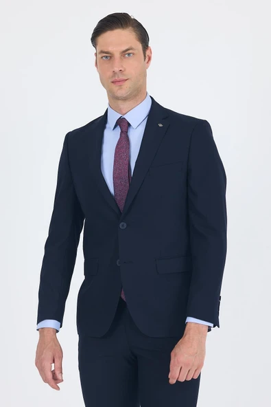 Lacivert Düz Gabardin Mono Yaka 2 Düğme 6 Drop Comfort Fit Basic Takım Elbise 1001250010_206 - Resim 2