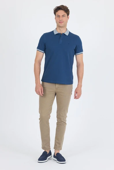 İndigo Mavi Polo Yaka Kısa Kol Cepsiz Slim Fit :%100 Pamuk Tişört 1011250182 - Resim 2