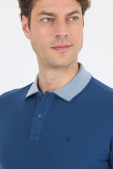 İndigo Mavi Polo Yaka Kısa Kol Cepsiz Slim Fit :%100 Pamuk Tişört 1011250182 - Resim 4