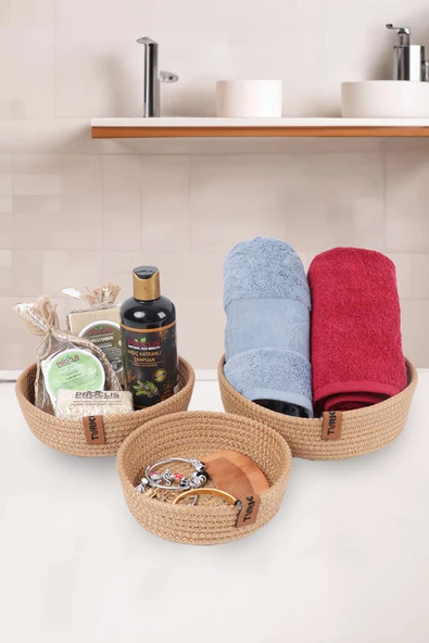 Hasır Sepet 3 Lü Düzenleyici, 3 Lü Sepet Takımı, Jüt Sepet Organizer 3lü Banyo Düzenleyicisi - 6