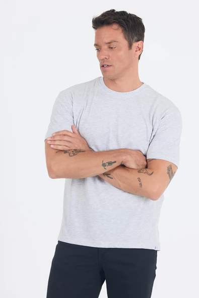 Gri Kısa Kol Düz Suprem Bisiklet Yaka Slim Fit Tişört 1011250190 - Resim 3