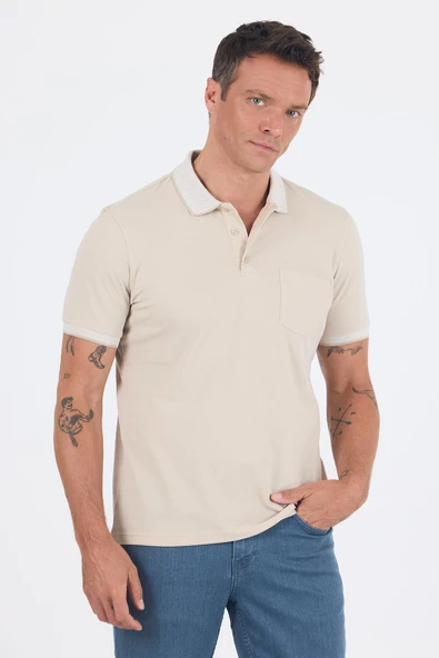 Bej Polo Yaka Kısa Kol Cepli Comfort Fit :%100 Pamuk Tişört 1011250181 ürün görseli