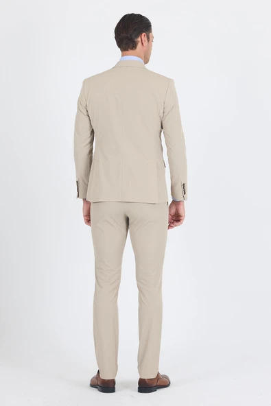 Bej Mono Yaka Yarım Astar 6 Drop Slim Fit   Beli Lastikli Takım Elbise 1001250121 - Resim 5