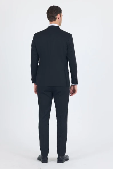 Siyah Mono Yaka Tek Düğme Slim Fit Yelekli Ceremony Takım Elbise 1001250201 - Resim 5