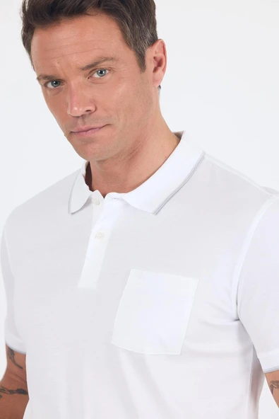 Kısa Kol Düz Suprem Polo Yaka Cepli %100 Pamuk Comfort Fit Tişört 1011250189 - Resim 4