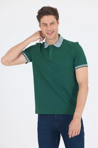 Koyu Yeşil Polo Yaka Kısa Kol Cepsiz Slim Fit :%100 Pamuk Tişört 1011250182 - Resim 3