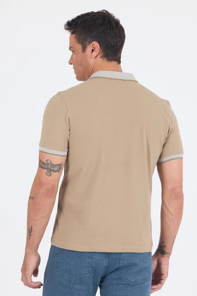 Koyu Bej Polo Yaka Kısa Kol Cepsiz Slim Fit :%100 Pamuk Tişört 1011250182 - Resim 5
